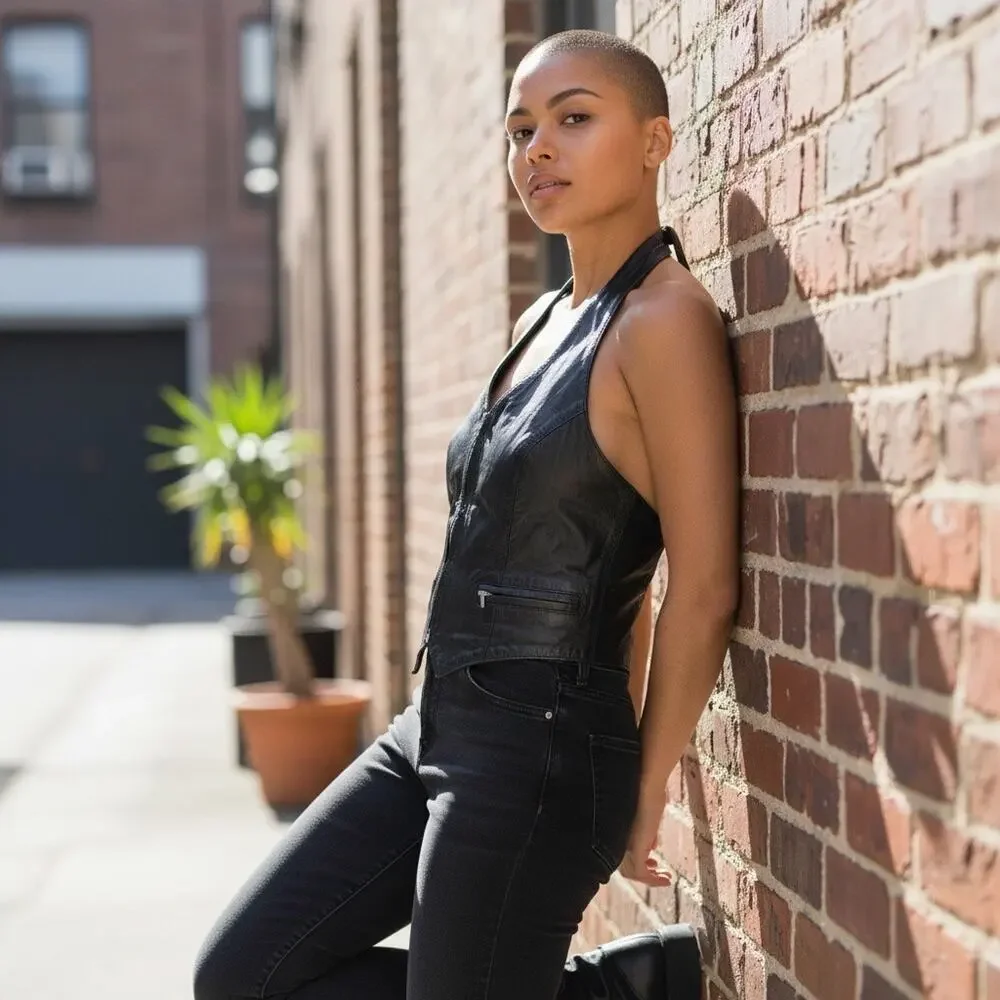 Wilson Leather Black Halter Vest Biker Crop Vintage 90s Small - Picture 1 of 6